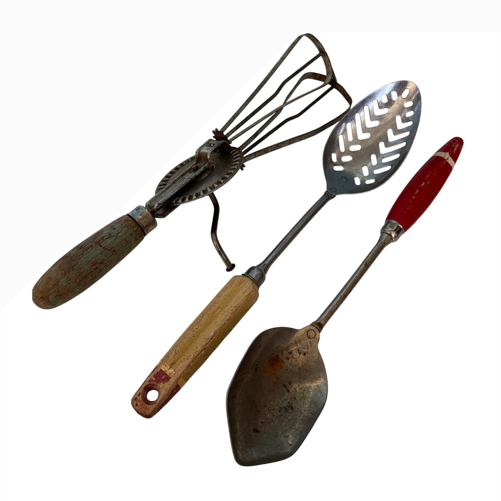 Vintage Kitchen Utensil Lot Hand Crank Egg Beater Slotted Spoon Wood Handles